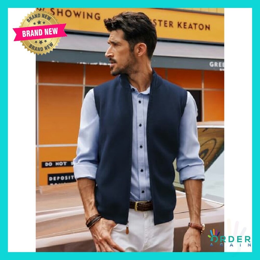 Men's Full Zip Sweater Vest Classic Ribbed Stand Collar Layering Essential - Picture 3 of 8